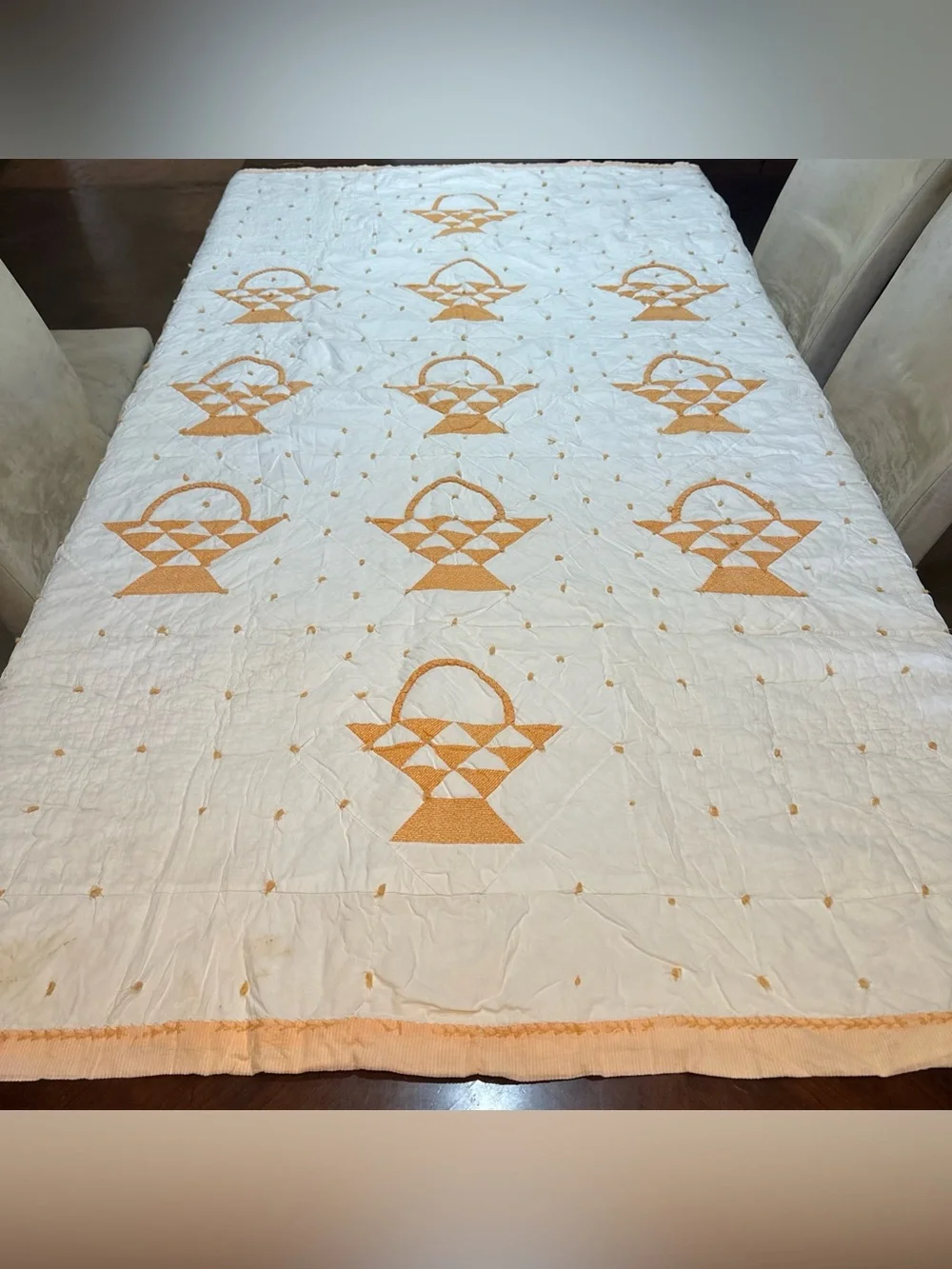 Vintage Handmade Basket Patchwork Quilt 82x60” Peach White Orange